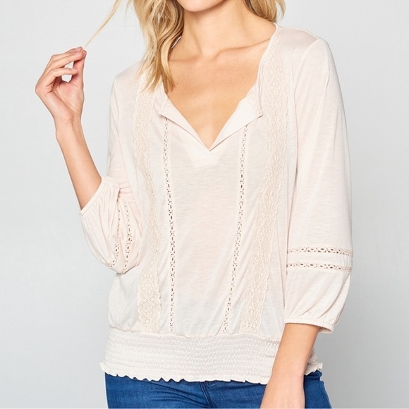 Allie Rose Lace Smocked Waist Boho Top NWT - Picture 1 of 13